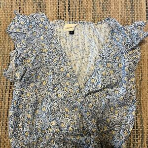 Universal Thread Blue and Yellow Ruffled Wrap Blouse